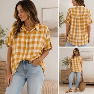 Sundance Plaid Crinkle Gauze Button Front Shirt XL Mustard Cotton Boho Tunic